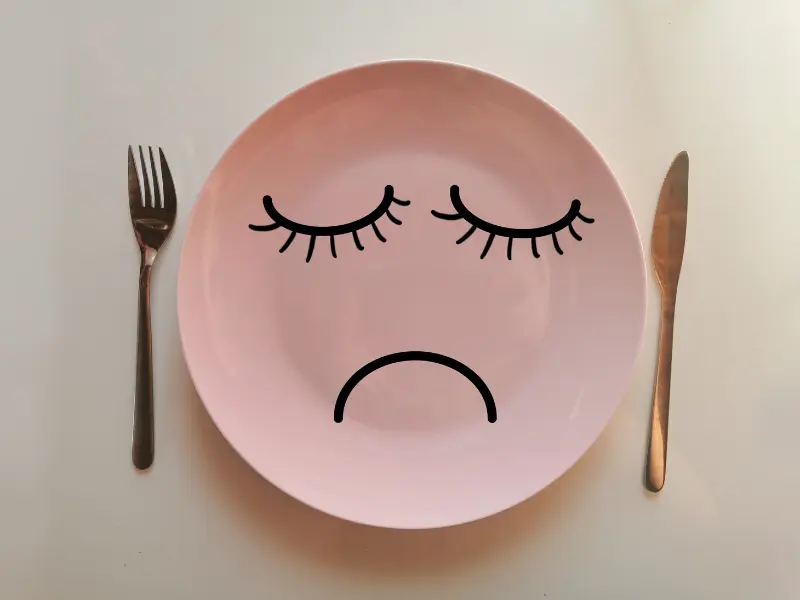 Empty plate with a sad face, illustrating eating less on a calorie deficit