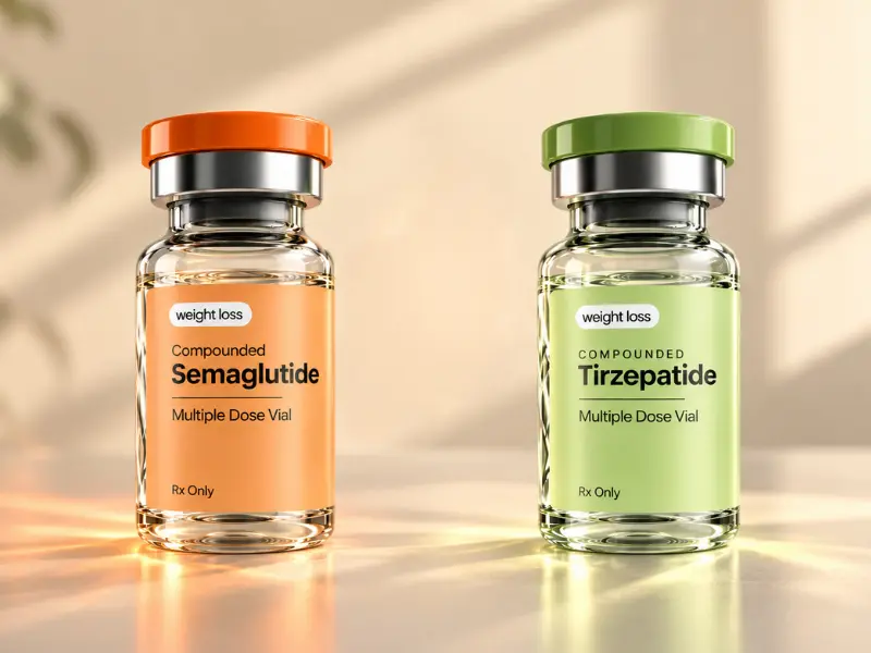Compounded semaglutide vial next to a compounded tirzepatide vial