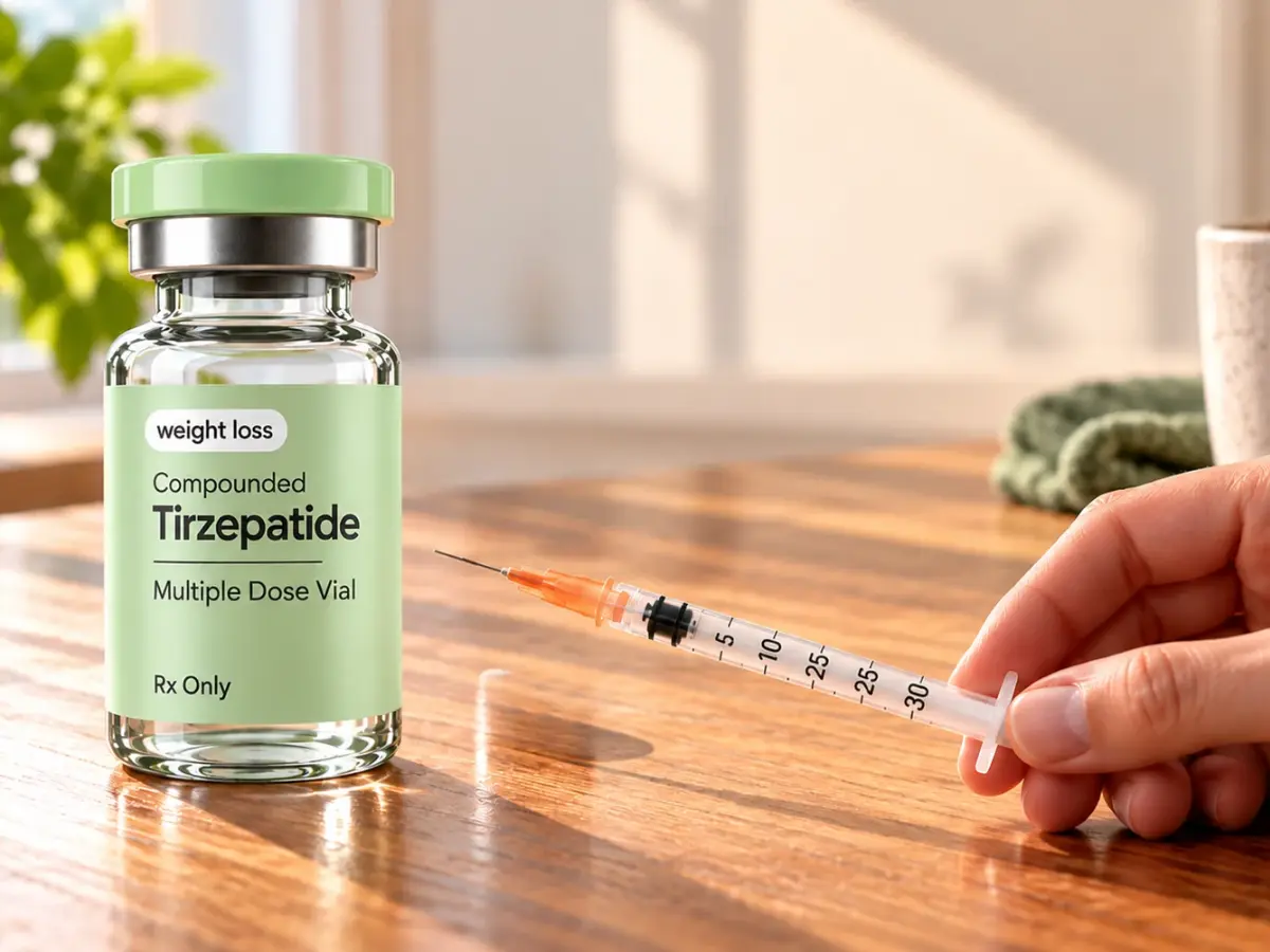 Compounded tirzepatide multiple-dose vial beside a syringe held over a wooden table