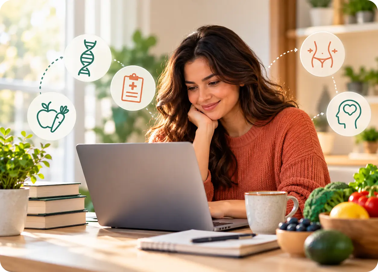 Woman reviewing health information on a laptop at a kitchen table