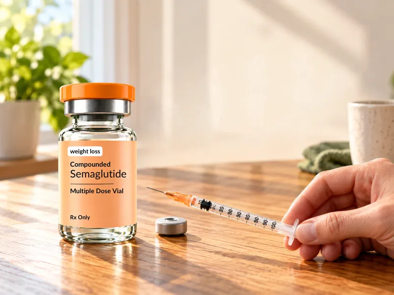 Compounded semaglutide multiple-dose vial beside a syringe