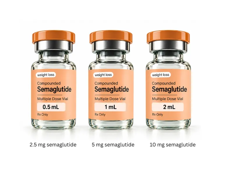0.5 mL, 1 mL, and 2 mL compounded semaglutide vials containing 2.5 mg, 5 mg, and 10 mg of semaglutide