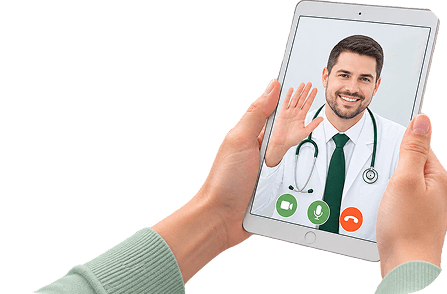 Patient on a video call with a physician using a tablet