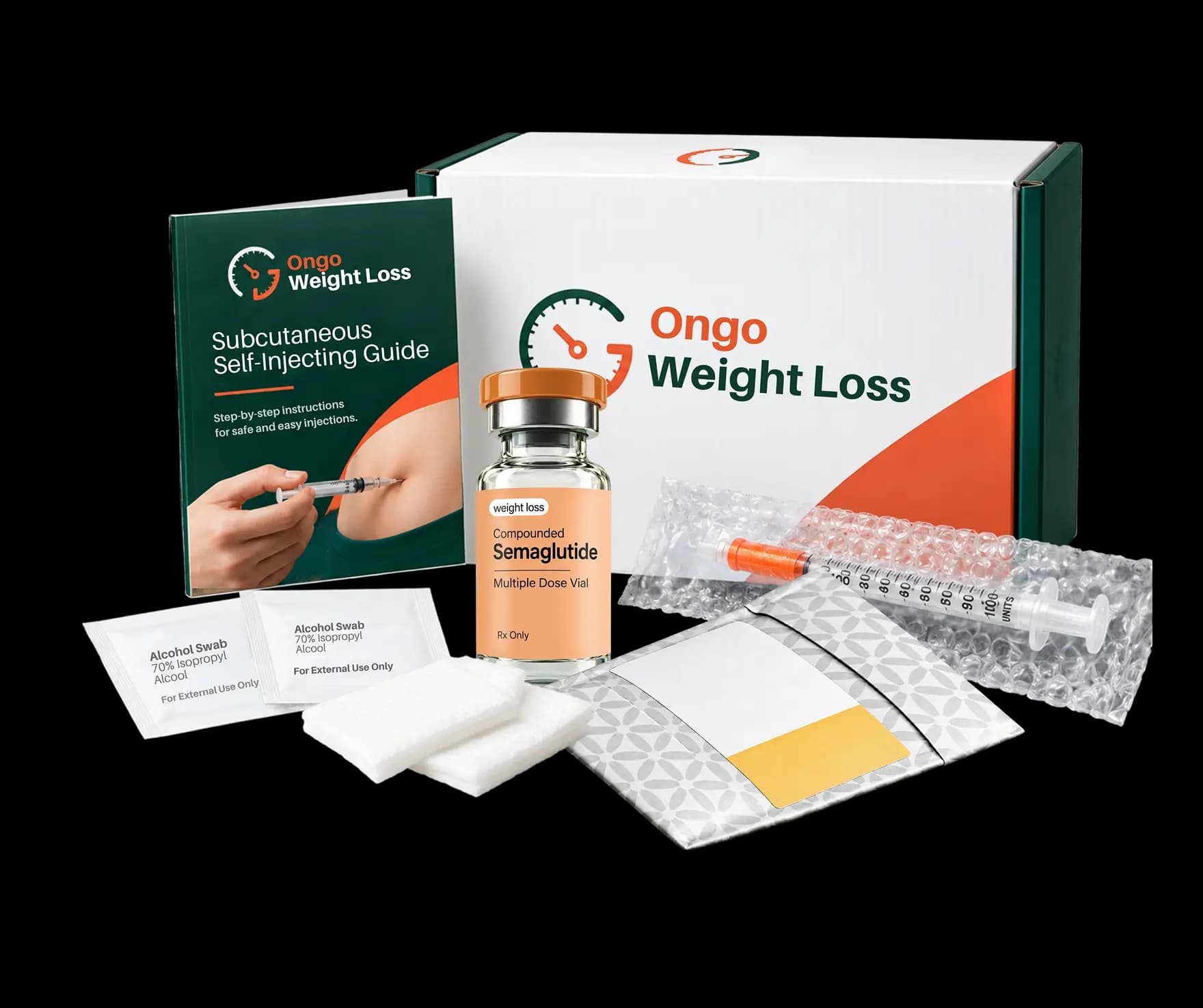 Ongo Weight Loss package with a compounded semaglutide vial, syringe, alcohol swabs, gauze pads, cold pack, and injection guide