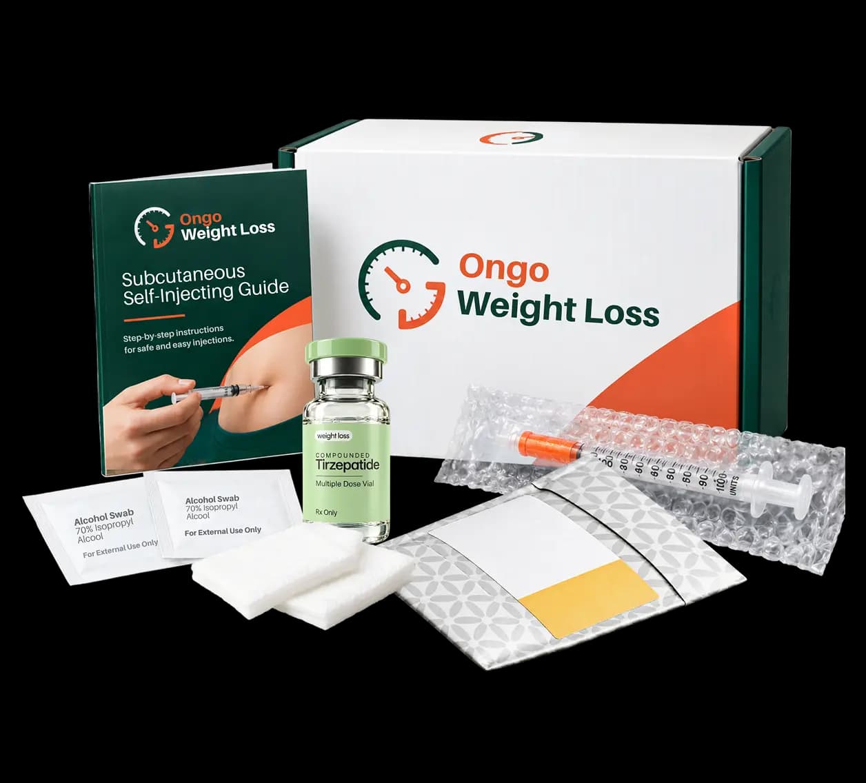 Ongo Weight Loss package with a compounded tirzepatide vial, syringe, alcohol swabs, gauze pads, cold pack, and injection guide