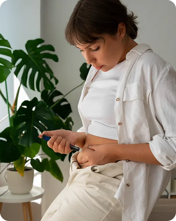 Woman using a GLP-1 injection pen on her abdomen for weight management