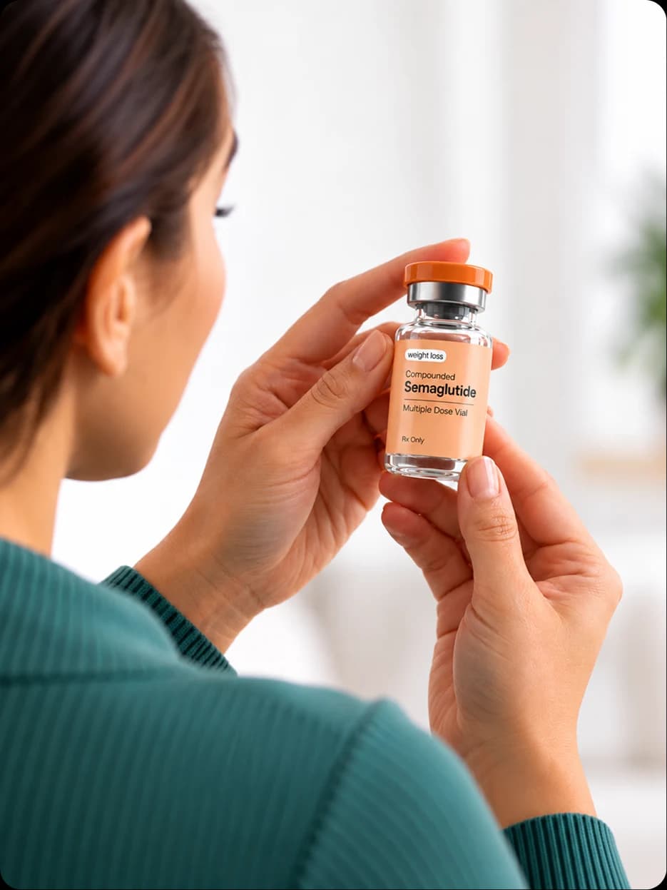 Patient reading the label on a compounded semaglutide vial