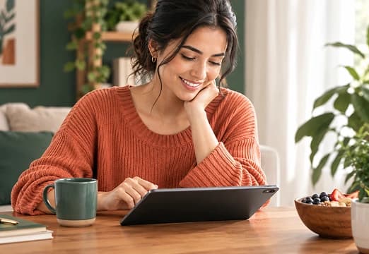 Person completing a health assessment on a tablet at home